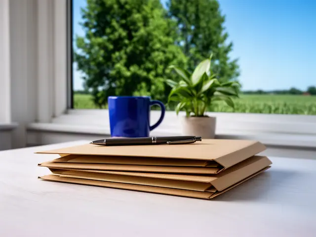 A neat stack of closed manila folders and a pen on a desk by a window.